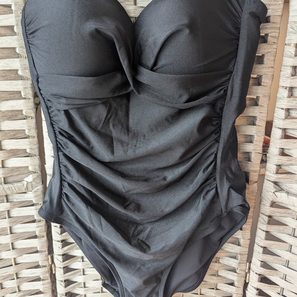 Calvin Klein Black Ruched One Piece Swim Bathing Suit Womens 16 Tummy Control - Picture 2 of 7